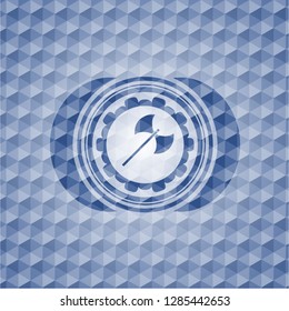 medieval axe icon inside blue emblem with geometric pattern.