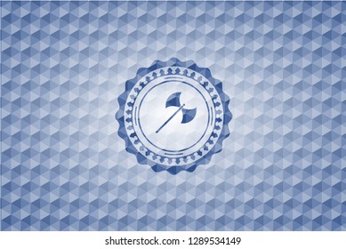 medieval axe icon inside blue emblem or badge with abstract geometric polygonal pattern background.