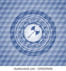 medieval axe icon inside blue polygonal badge.