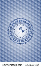medieval axe icon inside blue emblem with geometric pattern background.
