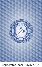 medieval axe icon inside blue badge with geometric pattern background.