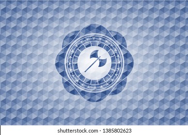 medieval axe icon inside blue emblem or badge with abstract geometric pattern background.