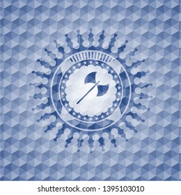 medieval axe icon inside blue emblem or badge with abstract geometric pattern background.