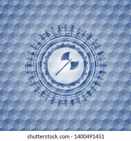 medieval axe icon inside blue emblem or badge with abstract geometric pattern background.