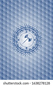 medieval axe icon inside blue badge with geometric pattern.