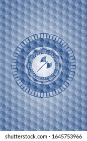 medieval axe icon inside blue emblem with geometric pattern.