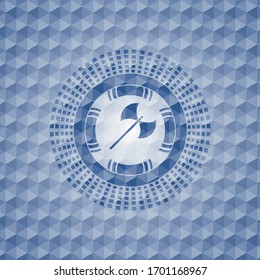 icono medieval de hacha dentro del emblema azul con fondo geométrico.