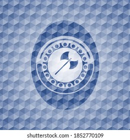 medieval axe icon inside blue badge with geometric background. 