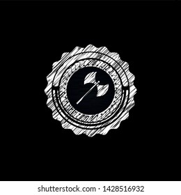 medieval axe icon inside chalkboard emblem on black board