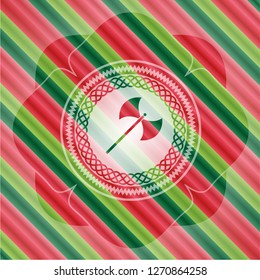 medieval axe icon inside christmas colors style badge.