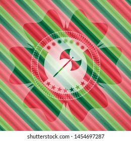 medieval axe icon inside christmas colors style badge.