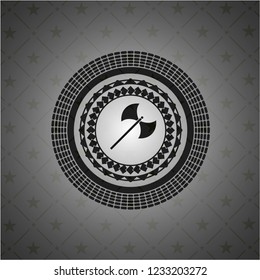 medieval axe icon inside dark emblem. Retro