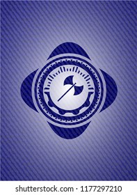 medieval axe icon inside emblem with denim high quality background
