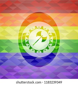 medieval axe icon inside emblem on mosaic background with the colors of the LGBT flag