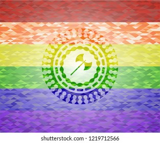 medieval axe icon inside emblem on mosaic background with the colors of the LGBT flag