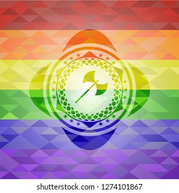 medieval axe icon inside emblem on mosaic background with the colors of the LGBT flag