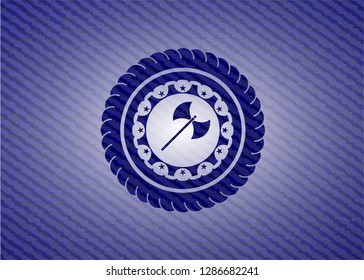 medieval axe icon inside emblem with denim high quality background
