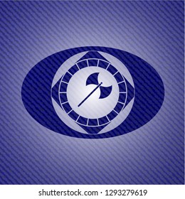 medieval axe icon inside emblem with jean background