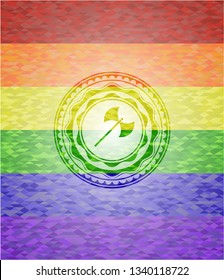 medieval axe icon inside emblem on mosaic background with the colors of the LGBT flag