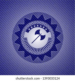 medieval axe icon inside emblem with jean background