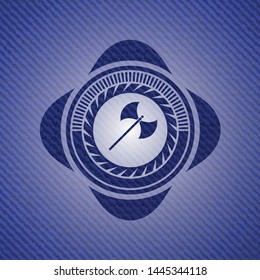 medieval axe icon inside emblem with jean background