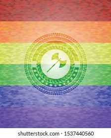 medieval axe icon inside emblem on mosaic background with the colors of the LGBT flag