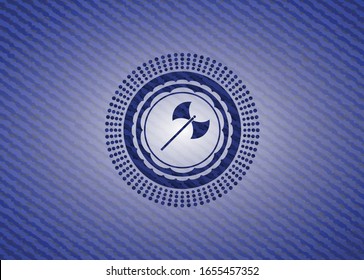 medieval axe icon inside emblem with jean texture