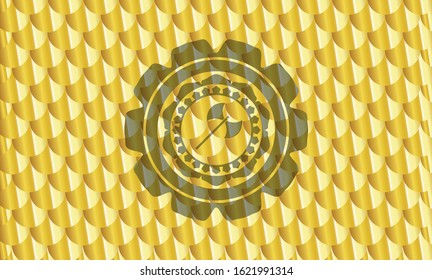 medieval axe icon inside gold emblem. Scales pattern. Vector Illustration. Detailed.