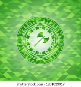medieval axe icon inside green emblem with mosaic ecological style background