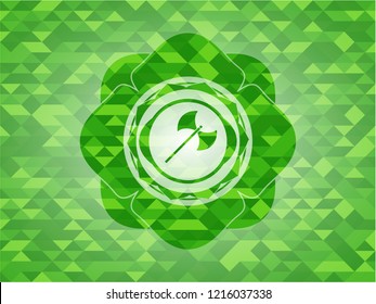 medieval axe icon inside green emblem with mosaic ecological style background