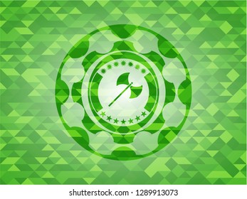 medieval axe icon inside green emblem with mosaic background