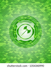 medieval axe icon inside green emblem. Mosaic background