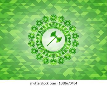 medieval axe icon inside green emblem with mosaic background
