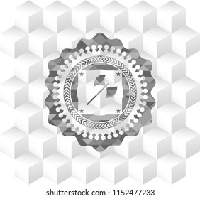 medieval axe icon inside grey badge with geometric cube white background