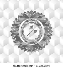 medieval axe icon inside grey emblem. Retro with geometric cube white background