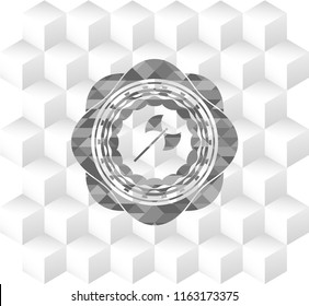 medieval axe icon inside grey badge with geometric cube white background