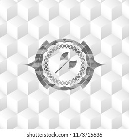 medieval axe icon inside grey badge with geometric cube white background