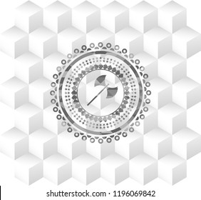 medieval axe icon inside grey badge with geometric cube white background