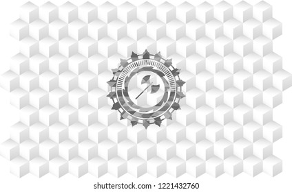 medieval axe icon inside grey emblem with geometric cube white background