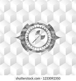 medieval axe icon inside grey badge with geometric cube white background