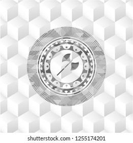 medieval axe icon inside grey badge with geometric cube white background