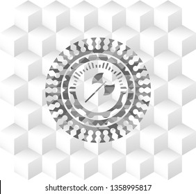 medieval axe icon inside grey emblem. Retro with geometric cube white background