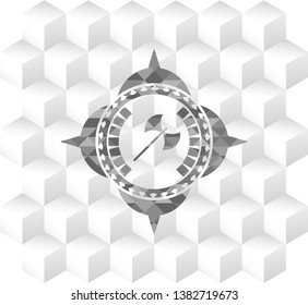 medieval axe icon inside grey emblem with cube white background