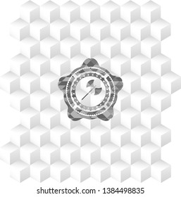 medieval axe icon inside grey badge with geometric cube white background