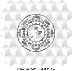medieval axe icon inside grey badge with geometric cube white background