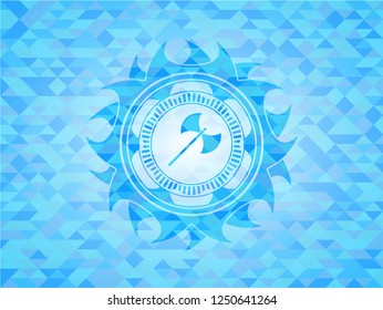 medieval axe icon inside light blue mosaic emblem