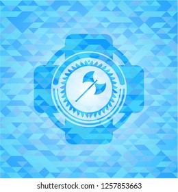 medieval axe icon inside light blue mosaic emblem
