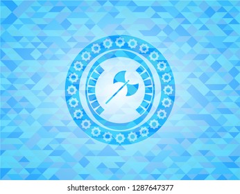medieval axe icon inside light blue emblem with mosaic ecological style background
