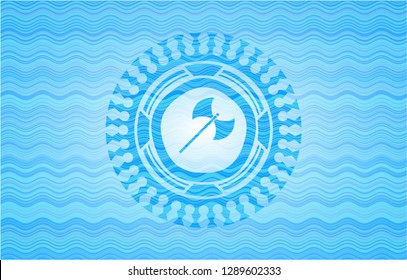 medieval axe icon inside light blue water wave badge.