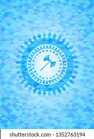 medieval axe icon inside light blue emblem with triangle mosaic background